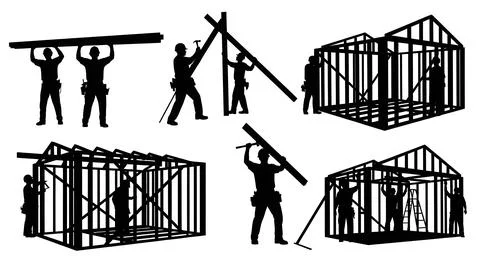 House Framing Construction Worker Silhouettes Stock Illustration