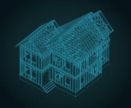 House framing isometric architectural drawing, timber construction blueprin.. Stock Illustration