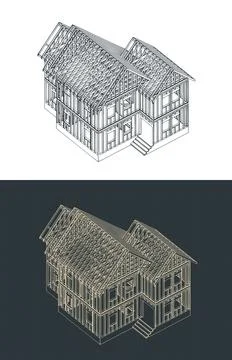 House framing isometric architectural drawing, timber construction blueprint Stock Illustration