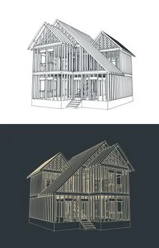 House framing perspective architectural drawing timber construction illustr.. Stock Illustration