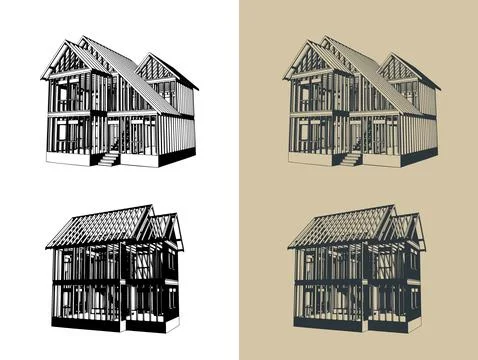 House framing perspective architectural drawing, timber construction illust.. Stock Illustration