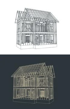House framing perspective architectural drawing timber construction Stock Illustration