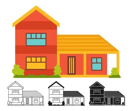 House front flat cartoon stamp line doodle set village facade cozy building Ilustración de archivo