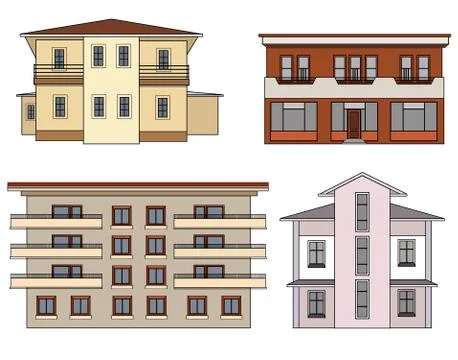 House front view set. City building facade isolated collection. Illustrazione stock