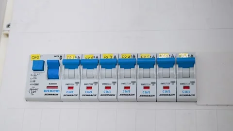 House fuse box with electrical circuit breakers. Residential electrical fuse box Stock Footage 337856704