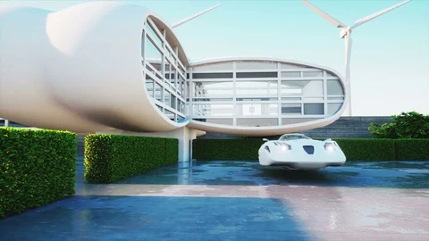 House of future. Futuristic flying car with woman. Super realistic 4K animation. Stock Footage