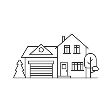 House with garage, icon in line design. house, garage, home, suburban, property Stockillustratie