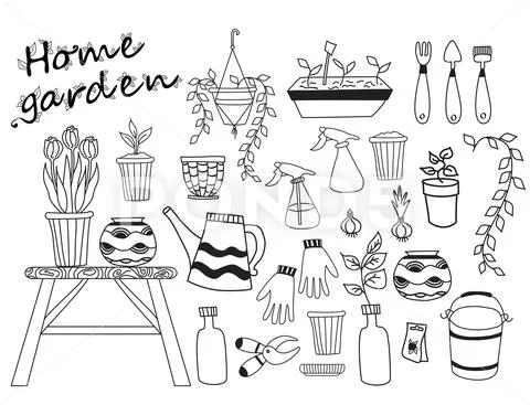 House garden. Set of indoor plants, flowerpots tools. Human hobbies at home and Stock Illustrationen