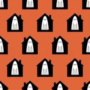 House with ghosts Pattern seamless. ghost in home Background. Halloween textu Stock Illustration