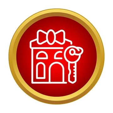 House gift with key inside red circle icon illustrating real estate Stock Illustration