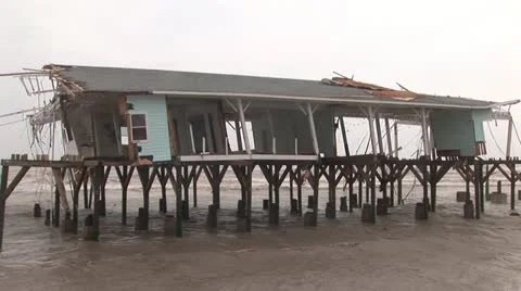 House gutted by wind and storm surge Stock Footage