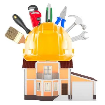 House with hard hat and tools, home renovation concept. 3D rendering Stock Illustration