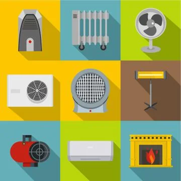 House heater icon set, flat style Stock Illustration