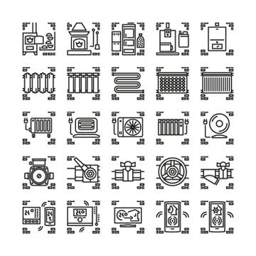 House heating system line icons or symbols Stock Illustration