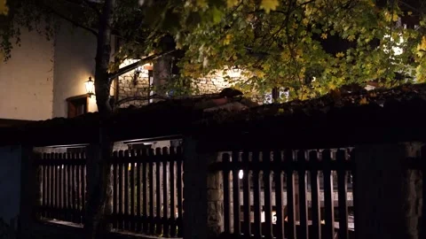 The house hides behind a tree and a wooden fence in a quiet night atmosphere Stock Footage 323011040