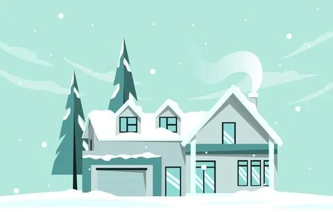 House Home Pine in Snow Fall Winter Illustration 스톡 일러스트