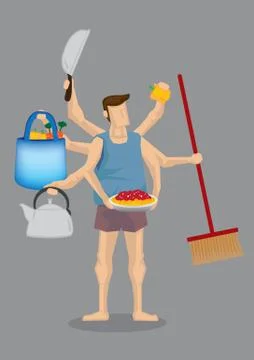 House Husband Multitasking Vector Cartoon Illustration 스톡 일러스트