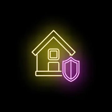 House icon glowing with neon shield protection 스톡 일러스트
