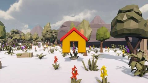 House icon with low poly landscape 3d render Stock Illustration