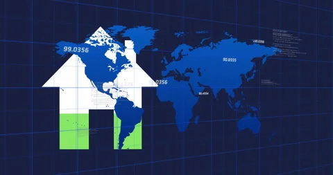 House icon with numerical data overlaying blue grid background, showing Video stock 305293108