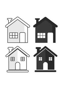 House Icon Set Simple Building Flat Design Line Art Stock Illustration