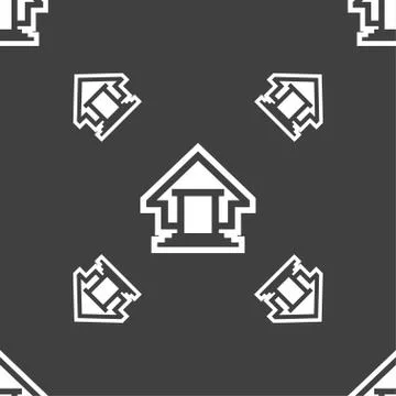 House icon sign. Seamless pattern on a gray background. Illustrazione stock