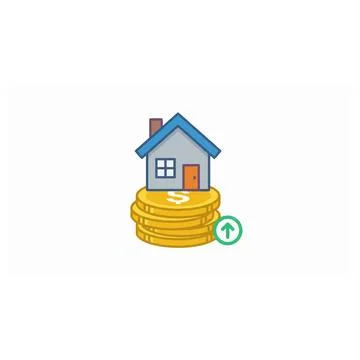 House icon on stack of gold coins with rising arrow symbol Illustrazione stock