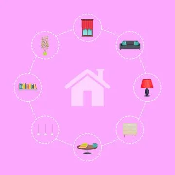 House Icon Surrounded with Interior Decor Elements Stock Illustration