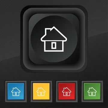 House icon symbol. Set of five colorful, stylish buttons on black texture for Ilustración de archivo