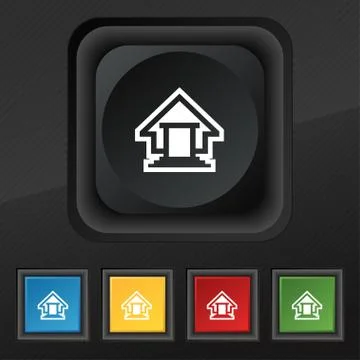 House icon symbol. Set of five colorful, stylish buttons on black texture for yo Ilustración de archivo