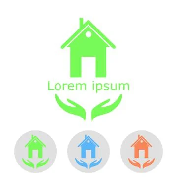 House illustration on hands with sample text and icons Stock Illustration