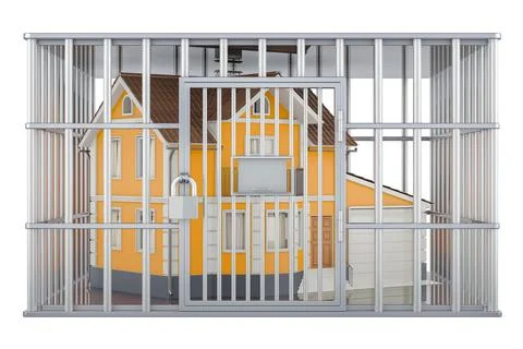House inside cage, prison cell. 3D rendering Stock Illustration