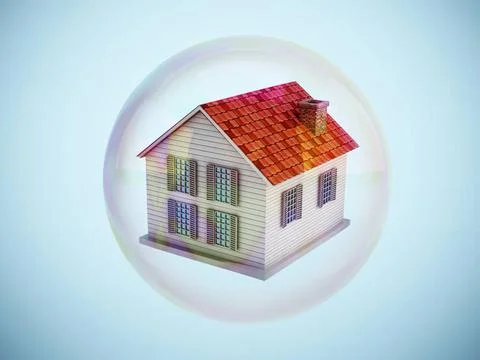 House inside a floating bubble. Real estate bubble concept. 3D illustratio... Foto stock