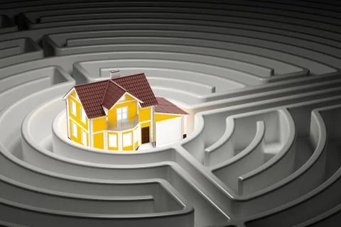 House inside labyrinth maze, 3D rendering Ilustración de archivo