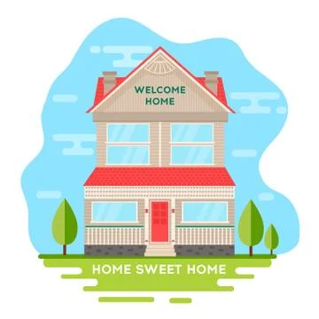 House Inside Nature Landscape With Clouds. Stock Illustration