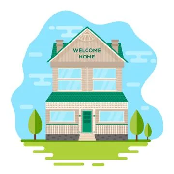 House Inside Nature Landscape With Clouds. Stock Illustration