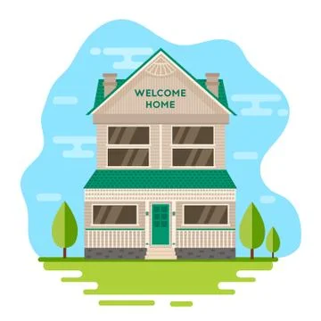 House Inside Nature Landscape With Clouds. Stock Illustration