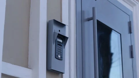 House intercom and closed door with glass at building enter Stock Footage 170323744