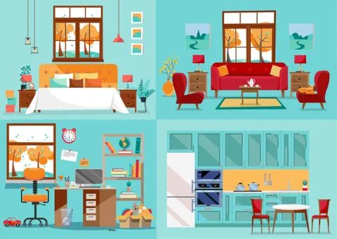 House interior 4 rooms. Inside front views of kitchen, living room, bedroom,  イラスト素材