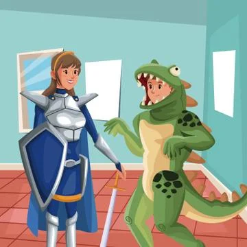 House interior background with half body warrior princess and lizard man costume Stock Illustration