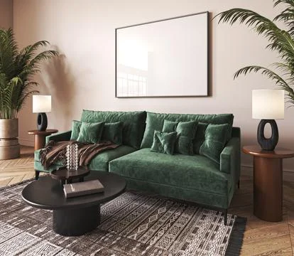 House interior with dark green sofa, table and decor in boho scandi living room Illustrazione stock