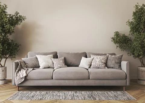 House interior mock up with gray sofa. Table and decor in living room. Beige Stock-Illustration