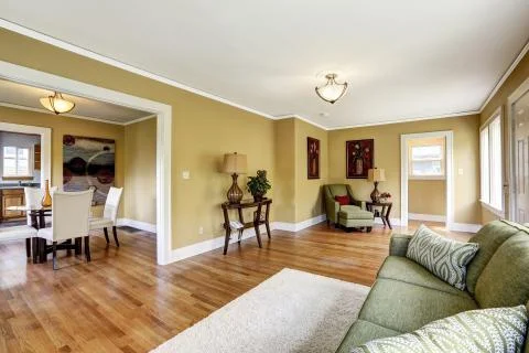 House interior with open floor plan. living room with dining area Stock Photos