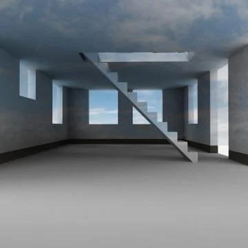 House interior with staircase sky imagination illustration Ilustración de archivo