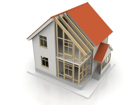 House isometric illustration with open interior on top of blueprints, documen Stock Illustration