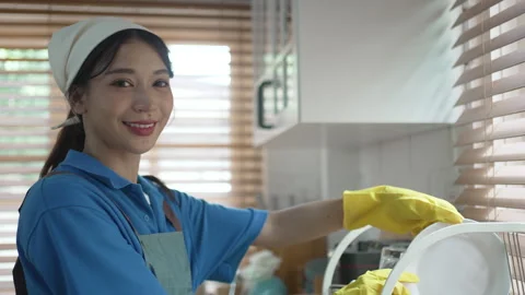 House keeper clean kitchen. Stock Footage 245283322