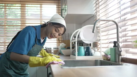 House keeper clean kitchen. Stock Footage 245283525