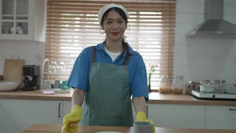 House keeper clean kitchen. Stock Footage 245283555