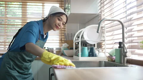 House keeper clean kitchen. Stock Footage 245283587