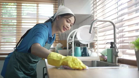 House keeper clean kitchen. Stock Footage 245283614